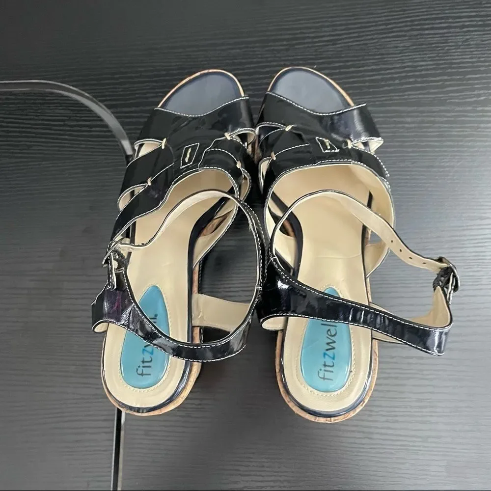 Fitzwell Navy Patent Leather and Cork Platform Wedge Strap Sandals, 9 1/2